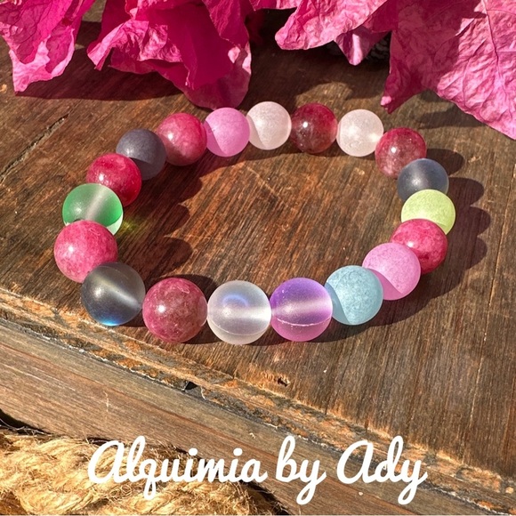 watermelon Tourmaline spheres beaded bracelet chunky - Picture 1 of 4